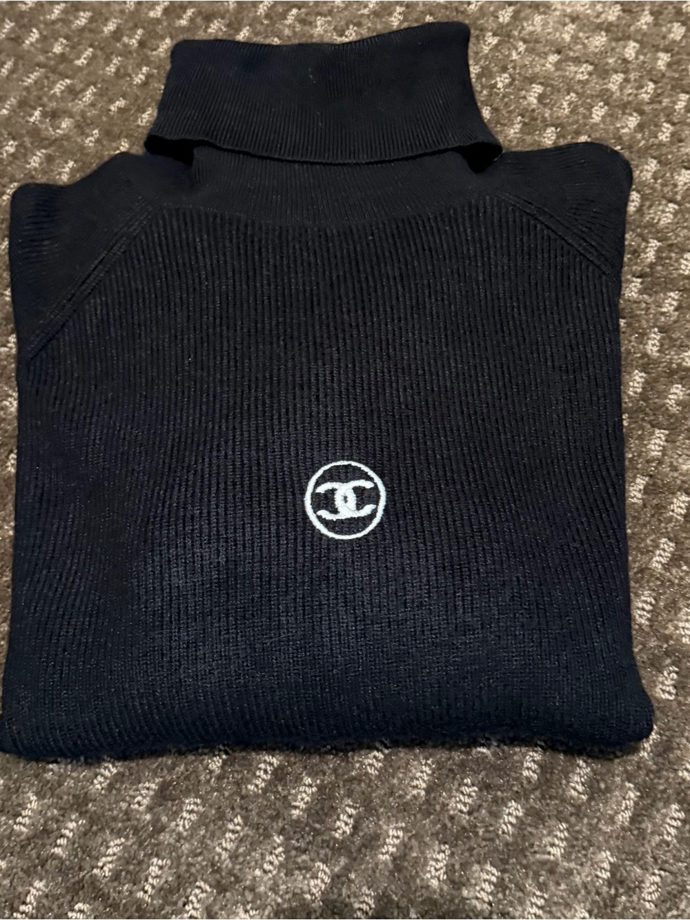 CHANEL Black Turtleneck Sweater with White Logo Emblem